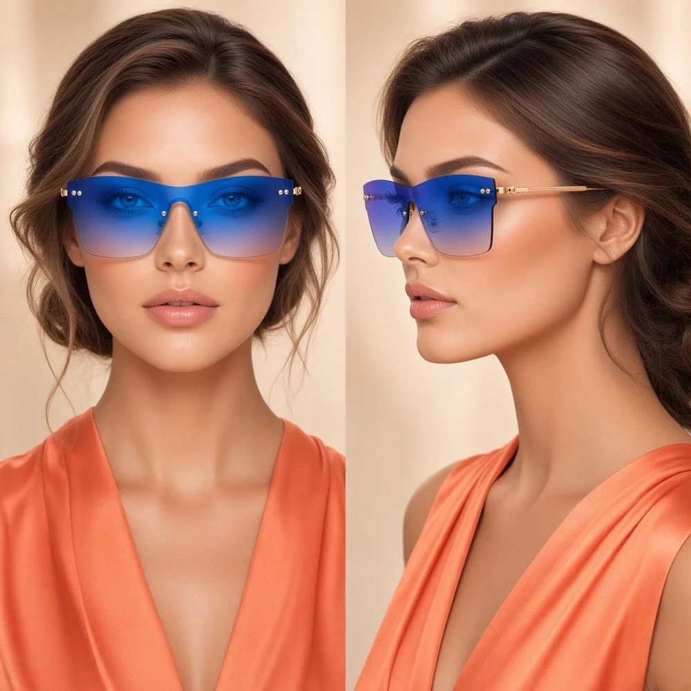 Blue Rimless Shield Sunglasses Women Gold Metal Frame Gradient Lens Studded 2026